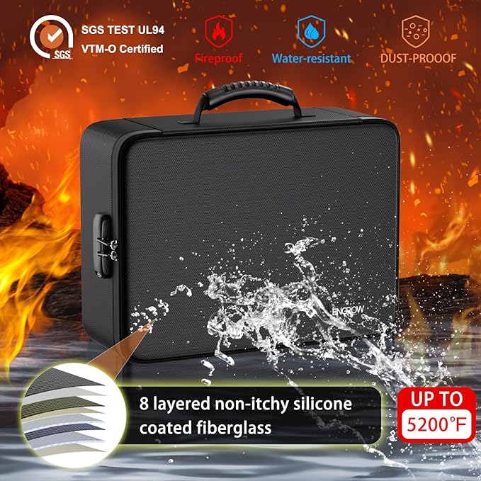 ENGPOW Fireproof Document Box with Lock, 5200℉ Soft Case Fireproof Box with 25 Colorful Pocket Accordion File Folder, Fireproof Water Resistant Safe Box File Organizer for Important Documents