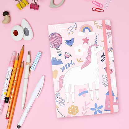 RICCO BELLO Wide Ruled Hardcover Diary Journal School Notebook for Kids, Tweens - Bookmark, Band Closure, Storage Pocket, 5.7 x 8.4 Inches, 192 Pages, (Pink Unicorn)