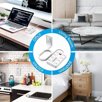 Power Strip Surge Protector, SMNICE Flat Plug Long Extension Cord 10 Ft with 8 Widely Spaced Outlets 6USB(1 USB C) Charging Station, Wall Mount for Dorm Home, Office Accessories,White
