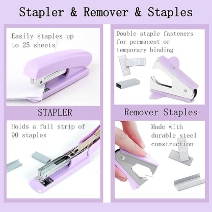 Purple Desk Accessories, Purple Office Supplies 360°Pen Holder Desk Organizers And Accessories with Tape Dispenser, Stapler, Staple Remover, 1000 Staples, Tape, Clips Set, Ruler, Scissor, Pen