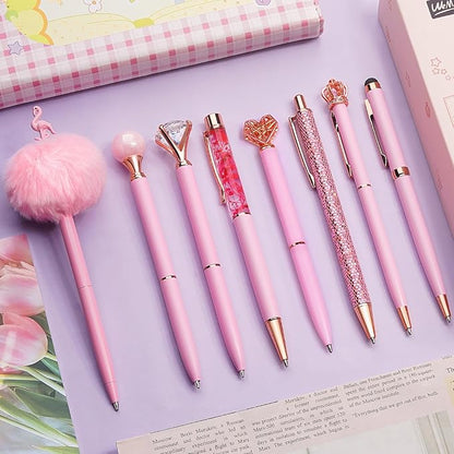 WEMATE 8Pcs Ballpoint Pens Set Metal Crystal Diamond Glitter for Journaling Pink Pen Bling in Black & Blue Ink Pretty Cute Fancy Gifts for Women Wedding School Office Desk(Pink)