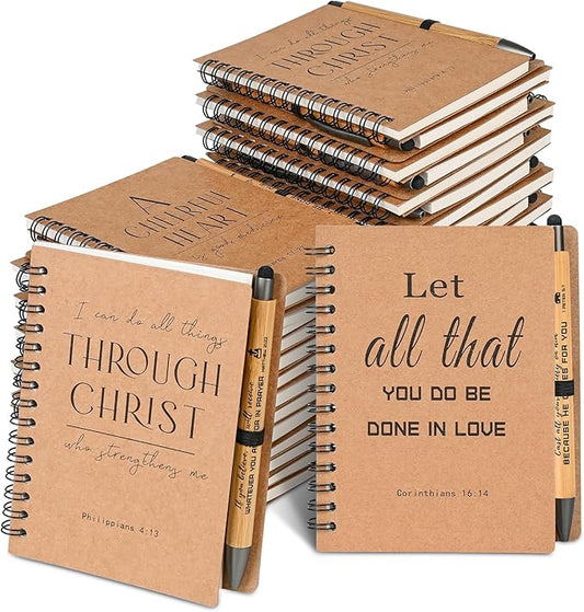 INSADA 30 Sets Bulk Christian Spiral Notebooks with Bamboo Pen Prayer Journal, Small Notepad (5.43”x4.33”) - Easter Gifts for Church Members, Bible Study Groups & Church Families