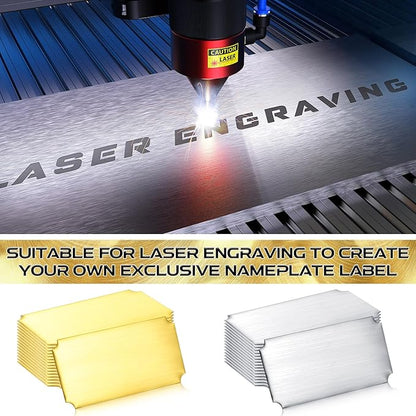 Therwen 30 Pcs Name Plates Laser Engraved Brushed Stainless Steel Plate Personalized Plaque Blank Custom Name Tag Frame Label with Adhesive Backing(Silver and Gold Notched Corner,4''x 2'')