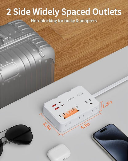 Surge Protector Power Strip with Flat Plug, 3 FT Extension Cord with 6 AC Outlets 4 USB Ports,1050J Surge Protection, Wall Mountable Charging Station for Office, Home, White