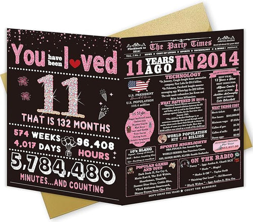 11 Year Old Girl Birthday Gifts, 11th Birthday Decorations for Girls, 11th Birthday Card, Celebration Ideas, Big Size, Rose Pink Gold