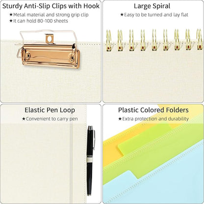 Ospelelf Foldable Spiral Clipboard Folio with Storage Zipper Pouch, 5 Plastic Folders with 10 Pockets, Refillable Lined Notepad (11" x 8.5"), Linen Hardcover Project Organizer (Beige)