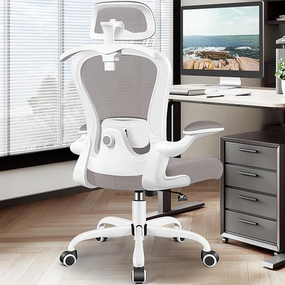 Office Chair, Ergonomic Office Chair with 3D Lumbar Support 3D Headrest, Comfy High Back Home Desk Chairs, Breathable Mesh Computer Chairs with Flip-Up Armrests & Hanger(Gray)