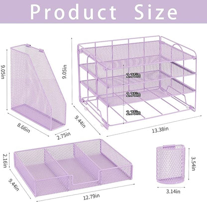 Paper Clip Holders Desk Organizers and Accessories,4-Tie Leter Tray Organizer with 2 Pen File Holder,Desk Drawer,Ofice Accesorie for Office Supplies,Purple