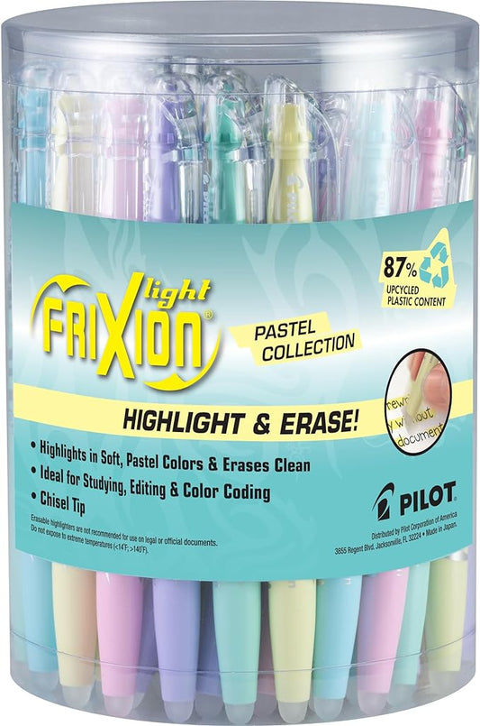 Pilot, FriXion Light Pastel Erasable Highlighters, Chisel Tip, Tub of 36, Assorted Colors