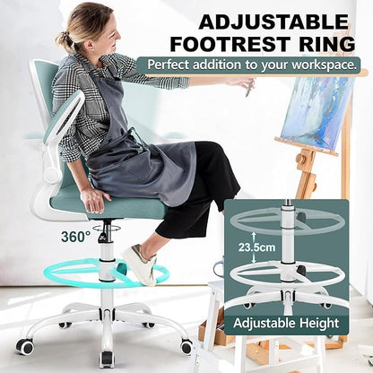 FelixKing Drafting Chair Ergonomic Tall Office Chair, Breathable Mesh Chair with Adjustable Footrest Ring Lumbar Support Flip-up Armrests, High Back Executive Comfy Task Computer Chair for Home Office