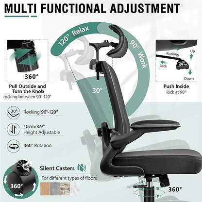 Office Chair, Ergonomic Office Chair with 3D Lumbar Support 3D Headrest, Comfy High Back Home Desk Chairs, Breathable Mesh Computer Chairs with Flip-Up Armrests & Hanger(Black)
