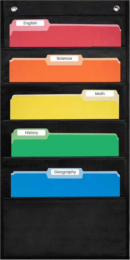 5 Pocket File Pocket Chart, Black, 14" Wide x 24" Tall - Versatile Wall Hanging File Folder Organizer for Classroom, Office, Home, and More - Wall Folder Organizer - 5 Pockets