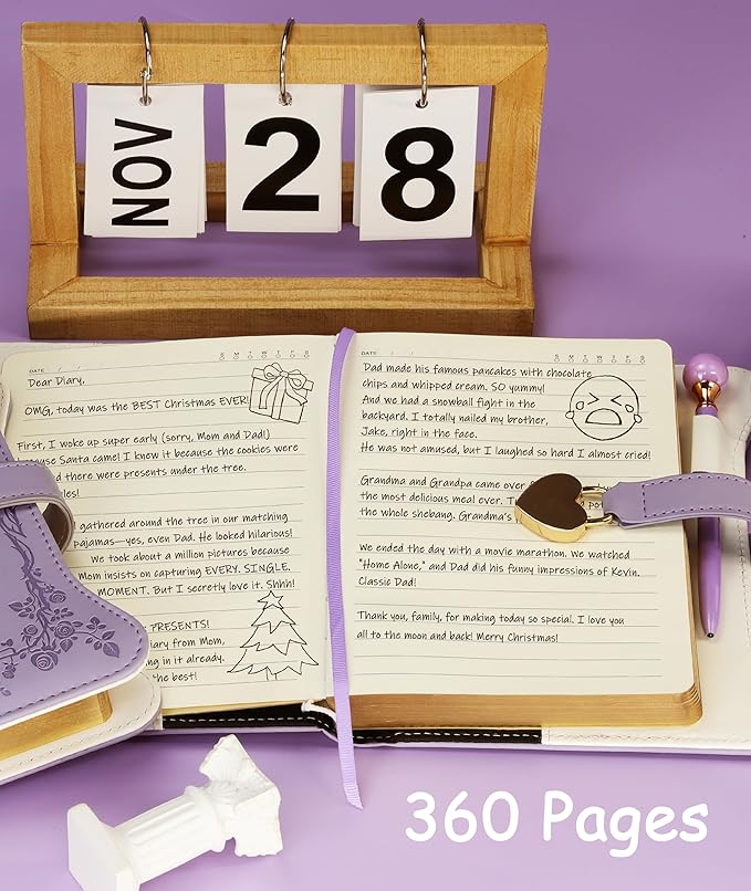 Diary with Lock and Keys for Girls Gift Ideas, 360 Gold Edged Pages Journal for Women, B6 Refillable Notebook for Writing with Pen and Bookmark (Garden Purple)