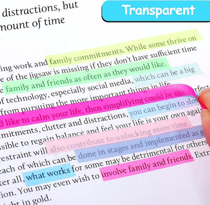 Juome 1280Pcs Highlighter Tape, Transparent Sticky Long Page Markers Tabs, Morandi Clear Highlighter Strips Flags Stickers, Book Tabs for Annotating Books Aesthetic Office School Study Supplies