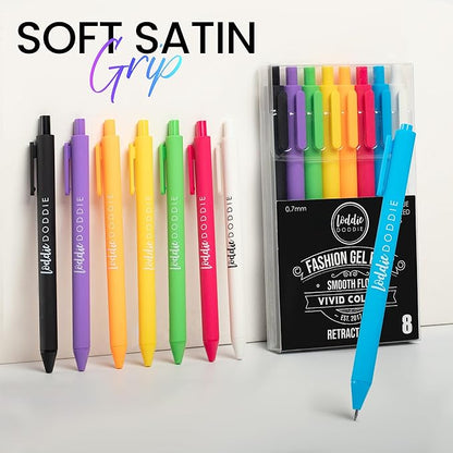 Loddie Doddie Gel Pens - 8-Pack 0.7 mm Medium Point Retractable, No Bleed, Smooth Writing Neon Ink for Journaling & Note Taking