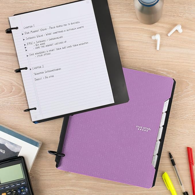 Five Star Flex Refillable Notebook + Study App, College Ruled Paper, 1-1/2 Inch TechLock Rings, Pockets, Tabs and Dividers, 300 Sheet Capacity, Purple (29324AB6)