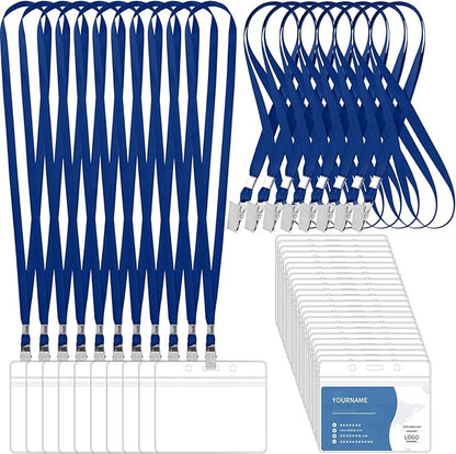 100 Pcs Lanyards for ID Badges and 100 Pcs Clear Name Tag Holders Reusable Lanyard with Clip Plastic ID Card Badge Holder Name Badges for Adults Kids Business School Office Supplies (Dark Blue)