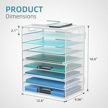 DALTACK 9-Tier Paper Letter Tray Desk Organizer with Handles, Mesh File Holder Organization, Paper Sorter Desk Organizer for Office Home School, White