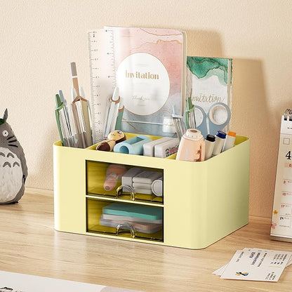 Marbrasse Pen Organizer with 2 Drawer, Multi-Functional Pencil Holder for Desk, Desk Organizers and Accessories with 5 Compartments + Drawer for Office Art Supplies (Yellow)