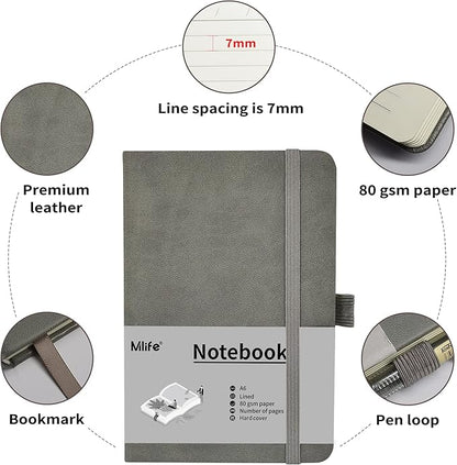 Mlife A6 Small Journal Notebook, Lined Pocket Notebook with Pen Holder, Mini Notebook Hardcover, 192 Pages, 3.9 inches * 5.5 inches Jurnal for Women and Man (3Pack Grey)