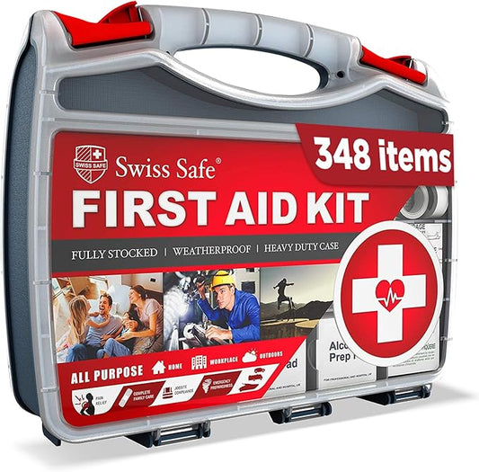 Swiss Safe 2-in-1 First Aid Kit for Car, Travel & Home, Businesses - Bonus Mini Kit for Medical Emergency Aid, Survival, Camping - FSA & HSA Eligible - 348 Pcs, Large Hardcase FAK