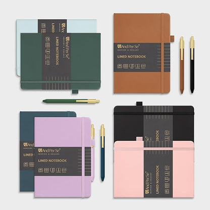 A5 Lined Leather Journal and Pen Set, Hardcover Notebook with Pen, 160 Pages 100gsm Thick Ruled Paper for Men Women, for Work, Business, School or Home Writing, 5.7'' x 8'' (Light Brown-Set1)