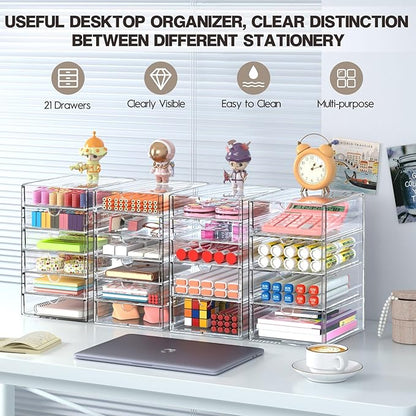 Acrylic Drawer Organizers - 21 Drawers 4 Set - Clear Storage Drawers for Office Supplies - Stackable Makeup Organizer - Dustproof Desk Organizers for Makeup, Jewelry, Pen, Stationary