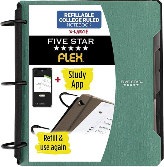 Five Star Flex Refillable Notebook + Study App, College Ruled Paper, 1-1/2 Inch TechLock Rings, Pockets, Tabs and Dividers, 300 Sheet Capacity, Color Will Vary (29328)