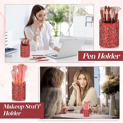 Sabary 8 Pcs Ballpoint Pens with Pen Holder for Desk Glitter Crystal Diamond Fancy Pencil Holder Bling Desk Organizer Cute Stationery Supplies for Women Girls Wedding Office School Gifts(Red)