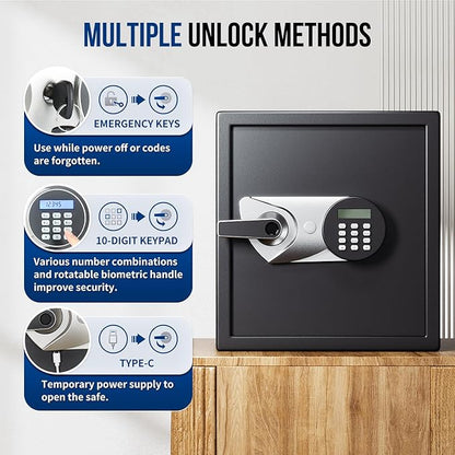 BlackSmith Biometric Safe Box 1.5 Cub Home Security Safe Fingerprint Recognition Money Safe with Keys Keypad Lock Box Secure Jewelry Valuables with Dual Alarm System Fireproof Bag