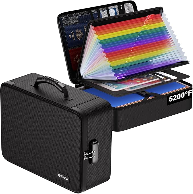 ENGPOW Fireproof Document Box with Lock, 5200℉ Soft Case Fireproof Box with 25 Colorful Pocket Accordion File Folder, Fireproof Water Resistant Safe Box File Organizer for Important Documents