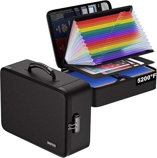 ENGPOW Fireproof Document Box with Lock, 5200℉ Soft Case Fireproof Box with 25 Colorful Pocket Accordion File Folder, Fireproof Water Resistant Safe Box File Organizer for Important Documents