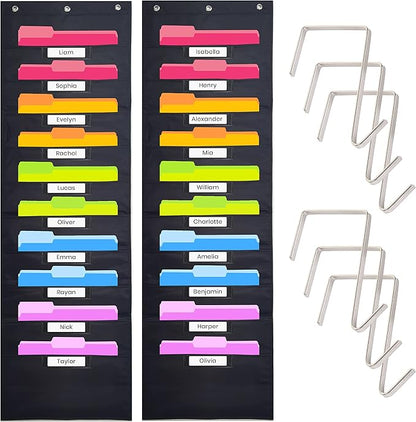 Hippo Creation Storage Pocket Chart for Classroom, 10 Pocket Storage Organizer with 6 Over-Door Hangers, Hanging Wall Organizer for File Folders, School Mailbox, Home Office Papers - Black, 2 Pack