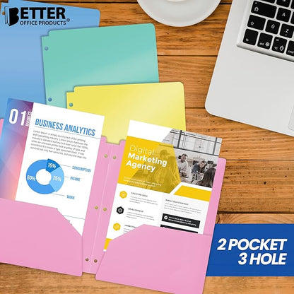Better Office Products 3 Hole Punch Pocket Folders, Bulk Pack, Sturdy Plastic 2 Pocket Folders, Assorted Pastel Colors, Letter Size, with Business Card Slot,(12 Pack)
