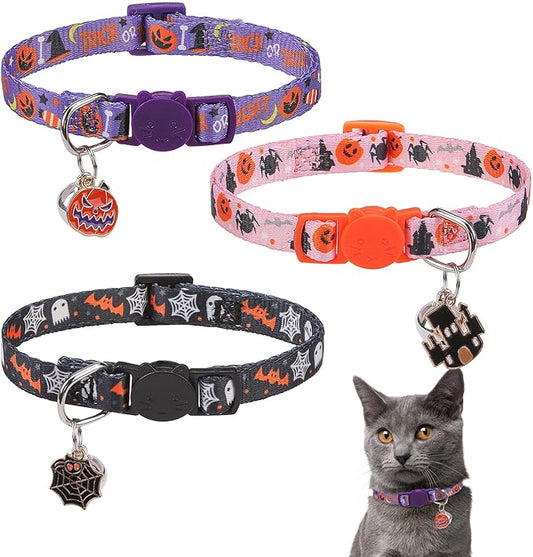 SCENEREAL Halloween Breakaway Cat Collar with Bells, Safety Buckle Soft Adjustable Cats Collars for Daily Wearing, Kitten Puppy Personalised Collars for Dogs Girl Boy