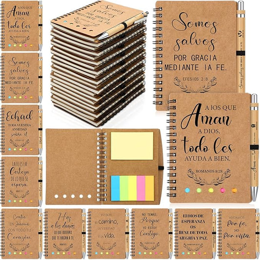 30 Set Spanish Christian Gifts Bulk Religious Notebooks with Bible Verse Pens,Inspirational Spiral Prayer Journal and Pen Set Church Gifts for Women Men Sunday Church Party (Kraft)