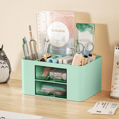 Marbrasse Pen Organizer with 2 Drawer, Multi-Functional Pencil Holder for Desk, Desk Organizers and Accessories with 5 Compartments + Drawer for Office Art Supplies (Green)