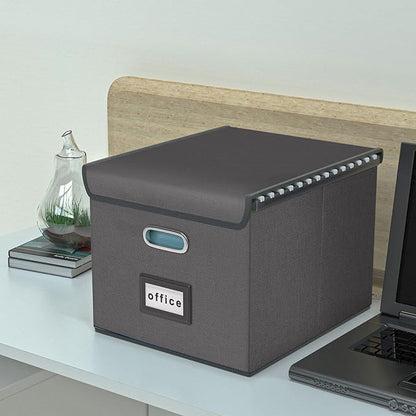 Collapsible File Storage Organizer Boxes with Lids, Linen Office Document Storage Box, Filing Box, Decorative Small File Box for Hanging File, Single File Box with Plastic Slide for Office/Decor/Home
