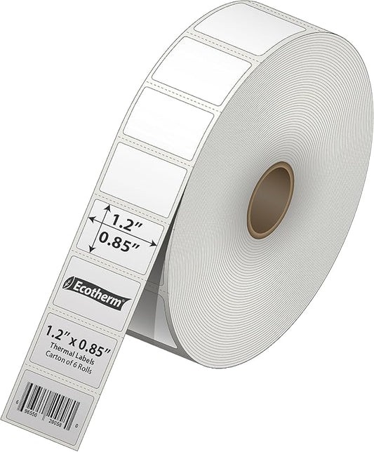 1.2" x .85" Thermal Labels | 6 Rolls | 16260 Labels | fits Zebra, Godex, Arkscan, iDPRT, Offnova Thermal Label Printers and More | Blank White Adhesive Stickers by Ecotherm
