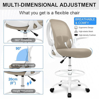 Primy Drafting Chair Tall Office Chair with Flip-up Armrests Executive Ergonomic Computer Standing Desk Chair with Lumbar Support and Adjustable Footrest Ring（Khaki）