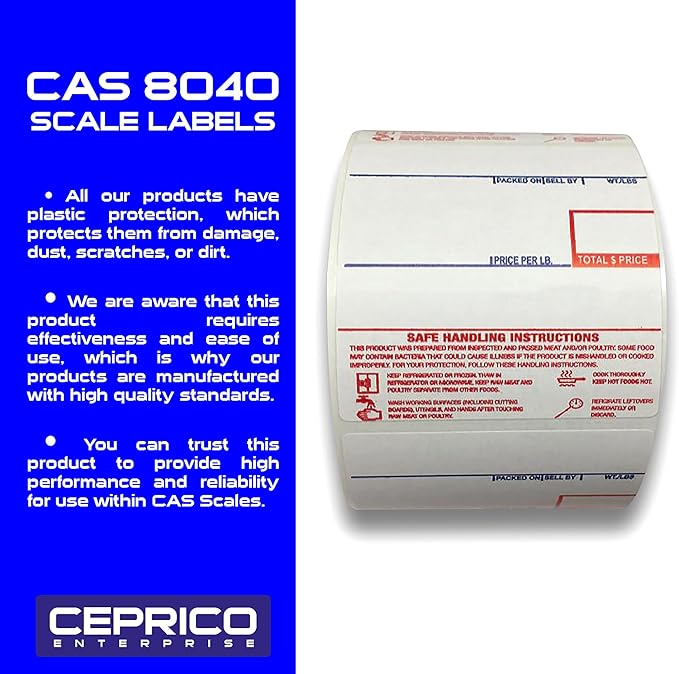 CEPRICO - CAS 8040 Scale Labels | 36 Rolls for CAS Scales | CAS lst-8040 Printing Scale Label | Quality for CAS Digital Scale | UPC Safe Handling | CAS lp 1000 | 500 Labels for Scales | Try It