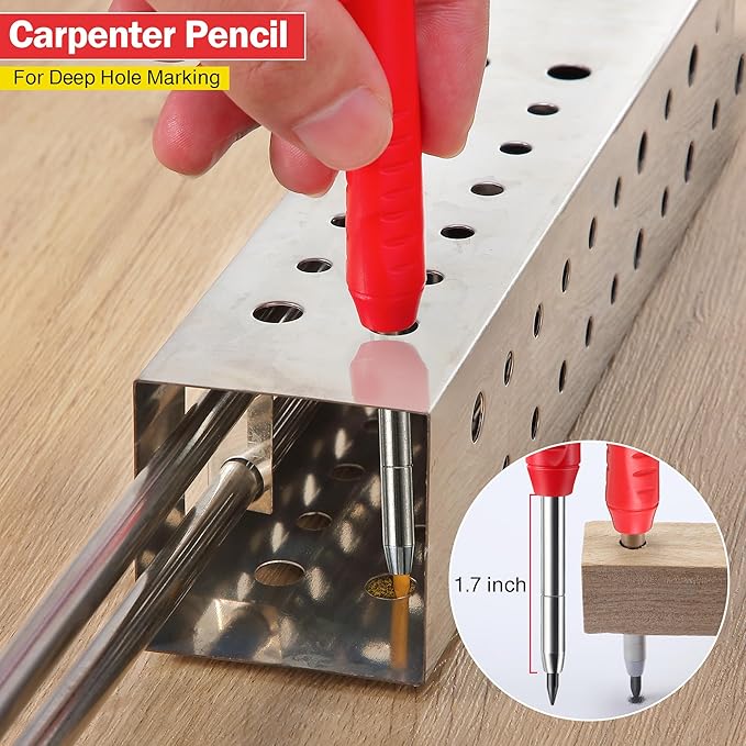 Hiboom 3 Pack Solid Carpenter Pencil with 21 Refill, Long Nosed Deep Hole Mechanical Pencil Marker with Built in Sharpener for Carpenter, Design Patent