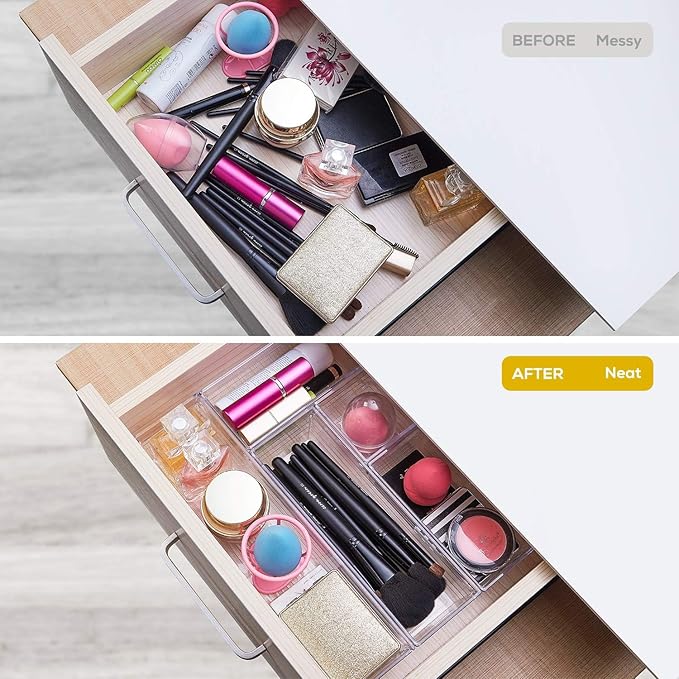 DCA 14 PCS Clear Plastic Drawer Organizer Tray, 4 Sizes Desk Drawer Divider Organizers and Storage Bins for Makeup, Kitchen Utensils, Jewelries and Gadgets