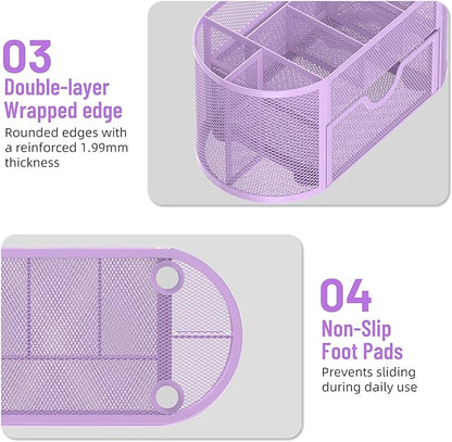 SUPEASY Mesh Desk Organizer, Desk Accessories & Workspace Organizers with Drawers, Pencil Holder for Desk with 9 Compartments for Office Suppliess, 8.6 x 4.3 x 4.1 Inch, Purple