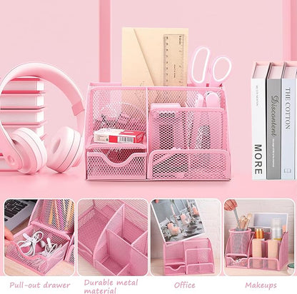 Pink Office Desk Accessories Supplies, 12pcs Desk Organizers and Accessories with Tape dispenser and Stapler,Staples,Staple Remover,Pen Holder,Scissor,Ruler,Sticky Tabs,Tape,Ballpoint Pen,Clips Set