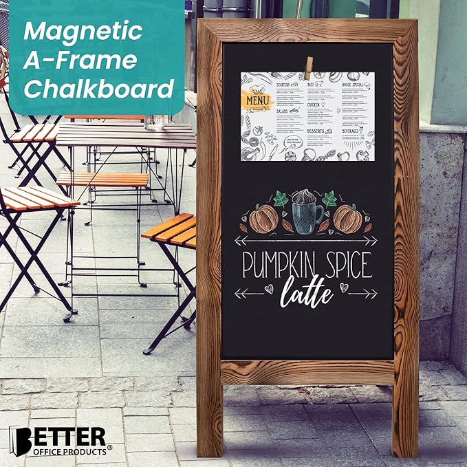 Better Office Products Magnetic A-Frame Chalkboard Sign, Extra Large 20" x 40", Standing Chalkboard Easel, with Chalk Marker + Chalk & Eraser, Sandwich Board Outdoor Sidewalk Sign,(Rustic Brown)