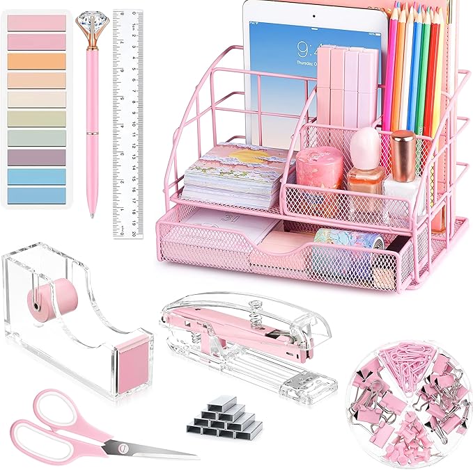 Pink Desk Organizers and Accessories, Pink Office Supplies with Mesh Desk Organizer, Acrylic Tape Dispenser and Stapler, Staples, Ballpoint Pen, Clips Set, Ruler, Scissor, Sticky Labels