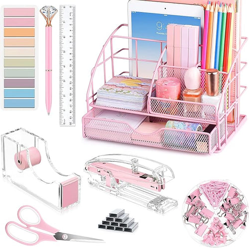 Pink Desk Organizers and Accessories, Pink Office Supplies with Mesh Desk Organizer, Acrylic Tape Dispenser and Stapler, Staples, Ballpoint Pen, Clips Set, Ruler, Scissor, Sticky Labels