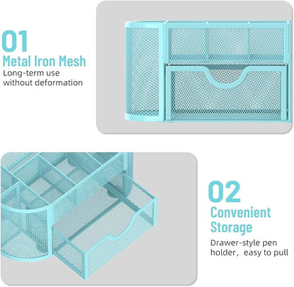 SUPEASY Mesh Desk Organizer, Desk Accessories & Workspace Organizers with Drawers, Pencil Holder for Desk with 9 Compartments for Office Suppliess, 8.6 x 4.3 x 4.1 Inch, Blue