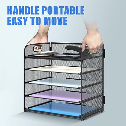 2 Pack 5-Tier Desk Organizer with Handle Mesh Desk File/Paper Organizer Letter Tray for Office, School and Home Easy Installation,Black